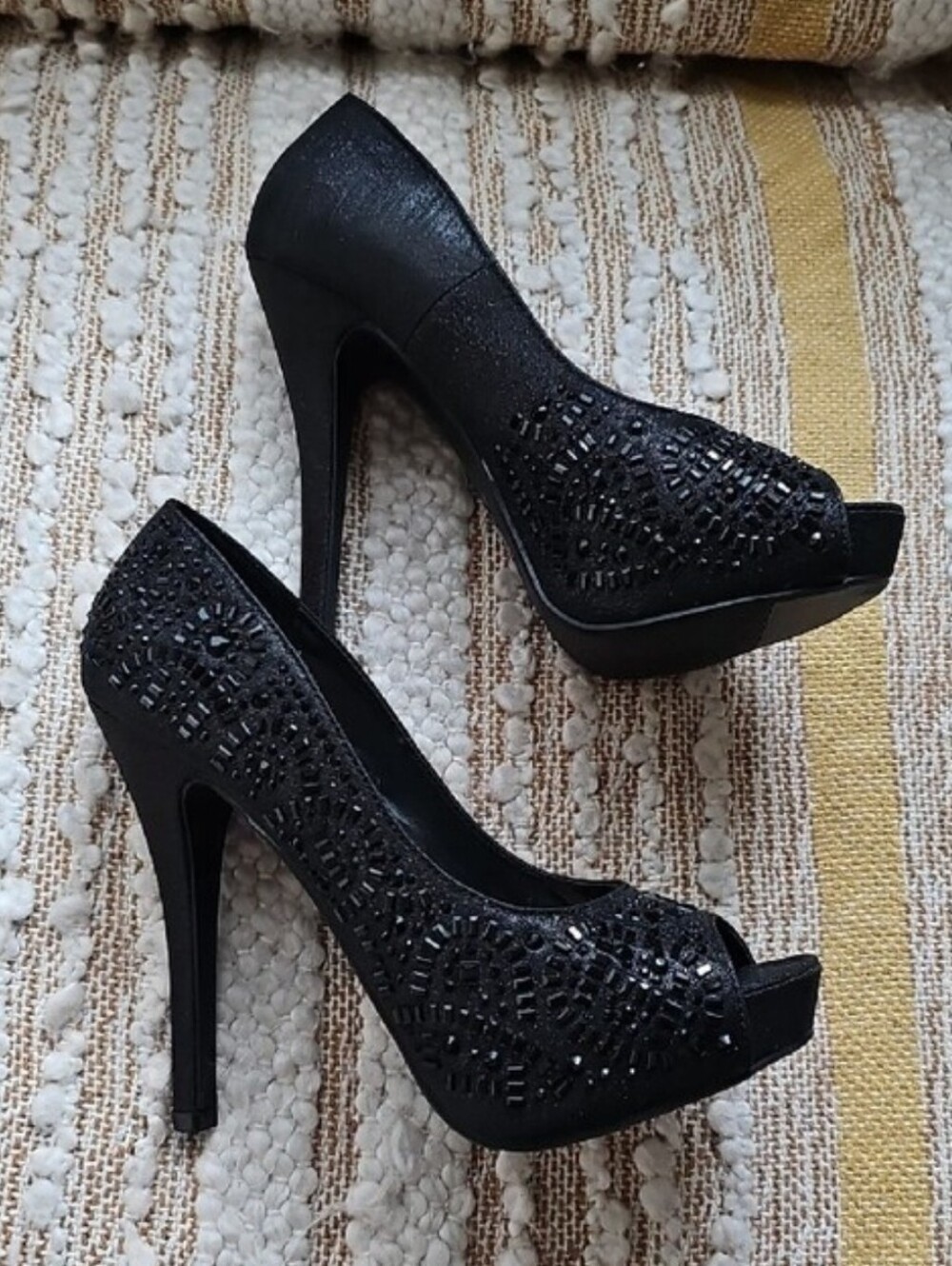 Black Embellished Peep-Toe High Heels